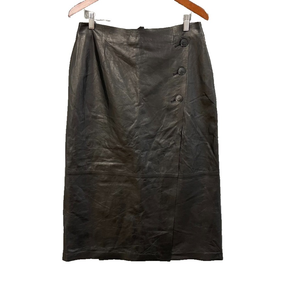 Lafayette 143 Leather Wrap Skirt Womens 12 Black Button Midi Career Business New